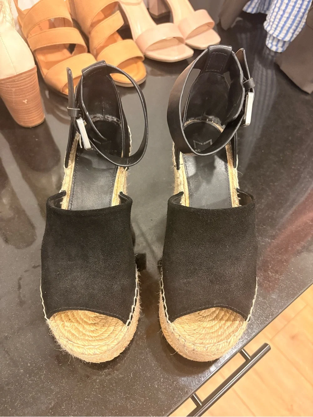 Black Espadrille Wedge Sandals with Ankle Strap size 6 Marc Fisher